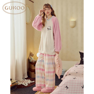 果壳（Gukoo）睡衣女冬季史努比联名毛绒保暖插肩袖格子裤女家居服套装可外穿D 橡皮粉套装 S