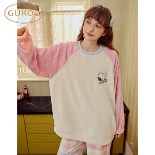 果壳（Gukoo）睡衣女冬季史努比联名毛绒保暖插肩袖格子裤女家居服套装可外穿D 橡皮粉套装 S