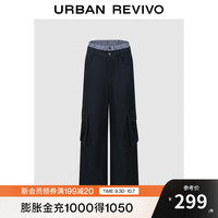 UR2025秋季女装休闲格纹拼接工装棉质阔腿裤UYY650089 墨蓝 (偏长) XS