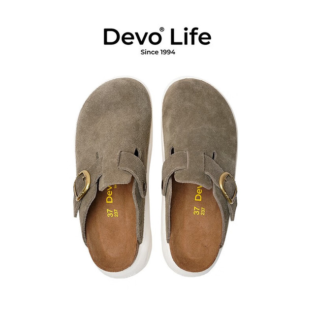 的沃 Devo Life 软木拖鞋勃肯鞋半包牛皮厚底增高包头鞋 军绿反绒皮