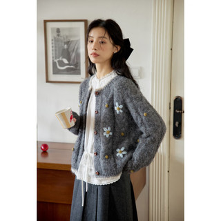 斐特玛撞色手工钩花灰色毛衣女慵懒风秋冬圆领针织开衫25年新款重工针织   适合80-95斤