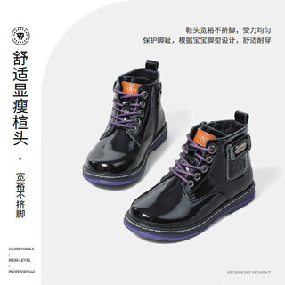 泰兰尼斯冬季女童鞋儿童靴子加绒短靴真皮黑色马丁靴软底皮靴 镜面黑 T04X1D1049 23 内长15.0/脚长13.5