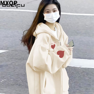 MXQP纯棉连帽开衫卫衣女2025春秋冬宽松设计感小众拉链外套女潮 K2290浅灰色春秋款 XL 【135-150斤】
