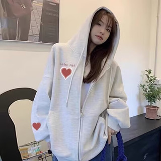 MXQP纯棉连帽开衫卫衣女2025春秋冬宽松设计感小众拉链外套女潮 K2290浅灰色春秋款 XL 【135-150斤】
