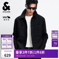 杰克·琼斯（JACK&JONES）25年男装秋季男士毛呢外套纯色羊毛毛呢外套男短款呢子大衣 E43纯黑色 L （180）