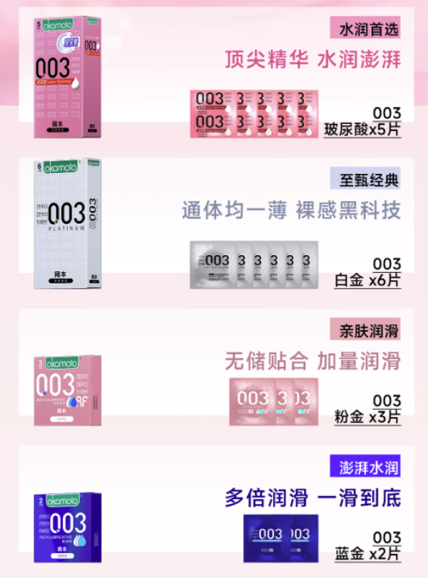 冈本 003安全套 全家桶16片 (玻尿酸5片+白金6片+粉金3片+白金2片)