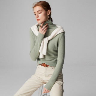 PALUOPO 帕罗 堆领100%山羊绒衫女式套头纯色打底针织秋冬保暖毛衣 薄荷绿 S