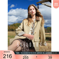 三彩2025秋季翻领长袖风衣单排扣宽松中长外套休闲气质F M