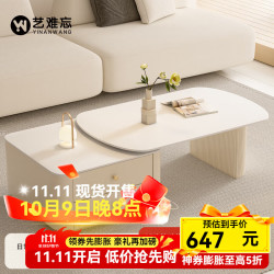 艺难忘 奶油风岩板茶几客厅家用小户型2023款北欧可伸缩茶几现代简约 纯白岩板丨杏柜伸缩茶几