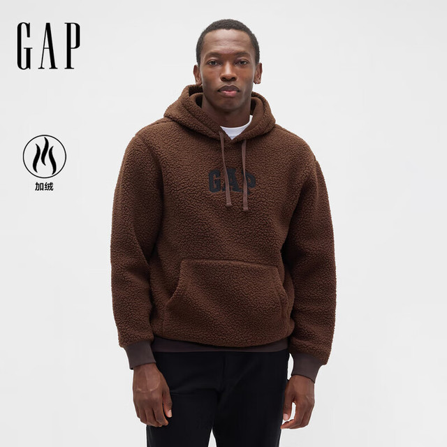 Gap 男女装2025秋季logo仿泰迪绒宽松连帽卫衣上衣美版789782 深棕色 XS 美码  S亚洲码175/88A