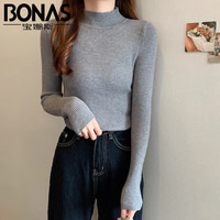 宝娜斯(BONAS)纯色半高领长袖毛衣女内搭打底衫春秋冬韩版百搭修身针织衫女上衣 (80-140斤)