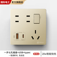 FDD国际电工86型暗装一开七孔开关插座带20W快充USB+typec接口电源多孔面板 一开七孔+快充USB+typec【金】