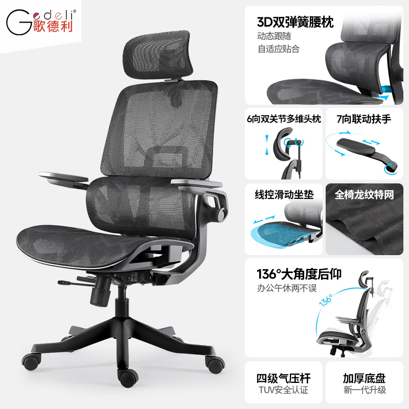 黑(坐深可调+龙纹全网坐垫+双簧弹性腰枕)+6向调节头枕