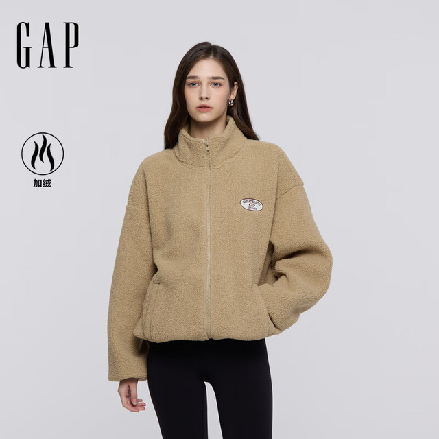 Gap 盖璞 女装2025秋季新款贴布绣logo仿羊羔绒宽松拉链立领外套843660 卡其色 M