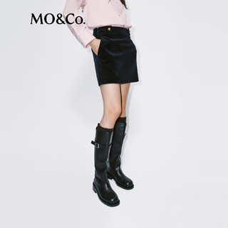 MO&Co.短裙2025冬精工奢光全棉平绒金扣中腰小A字半身裙MBE4SKT018 深宝蓝色 XS