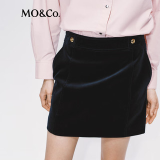 MO&Co.短裙2025冬精工奢光全棉平绒金扣中腰小A字半身裙MBE4SKT018 深宝蓝色 XS