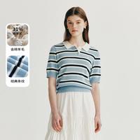 E.LAND 【含绵羊毛】衣恋T恤女清新条纹短袖针织衫包容显瘦毛衣内搭秋款