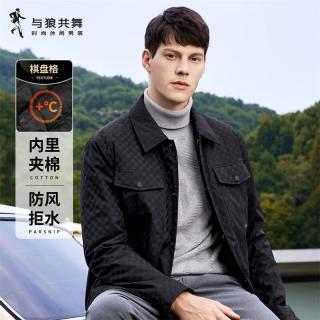 与狼共舞 棋盘格工装翻领外套保暖防风男士夹克 001黑色 165