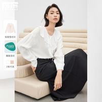 2024秋装法式飘逸灵动荷叶领飘带捏褶叠门襟醋纤女式长袖衬衫
