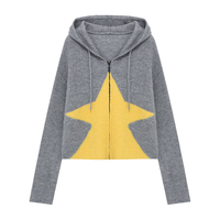 Basic House/百家好撞色星星连帽毛衣冬季洋气绵羊毛短款开衫外套 浅灰 M