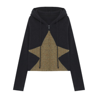 Basic House/百家好撞色星星连帽毛衣冬季洋气绵羊毛短款开衫外套 黑色 M