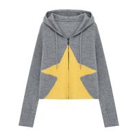 Basic House/百家好撞色星星连帽毛衣冬季洋气绵羊毛短款开衫外套 浅灰 L