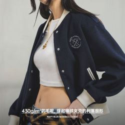 马登 学院风棒球服夹克女百搭毛呢外套保暖上衣