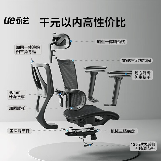 永艺 沃克max人体工学电脑椅 新max黑色调腰+坐深无搁脚 120-155度（含）