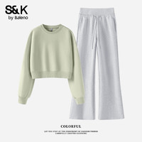 班尼路S&K系列套装圆领卫衣秋冬搭配直筒微喇裤时尚运动女装两件套 灰绿#纯色+麻灰#纯色 M