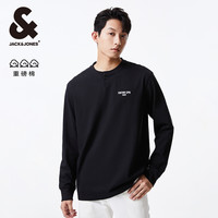 【亨利领】杰克琼斯男装25秋季长袖T恤刺绣宽松打底衫肌理感 190/108A/XXL E40黑色（重磅棉款）