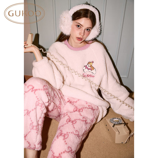 GUKOO 果壳 秋冬季卡通印花舒适可爱保暖女士家居服套装