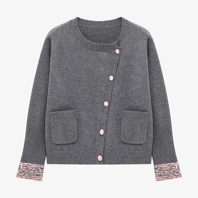 BASIC HOUSE 百家好 撞色圆领斜门襟开衫毛衣