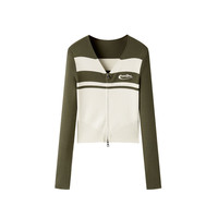 太平鸟女装针织衫秋季撞色拉链开衫打底衫针织上衣 军绿 S