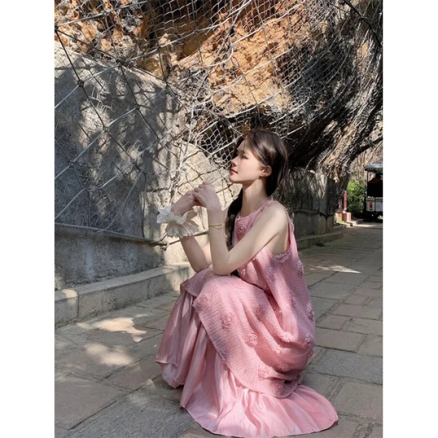FOURDATRY夏季新款法式复古风胖mm假两件百褶无袖连衣裙 粉色#749 S