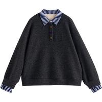 初语卫衣女2025秋季兔毛绒保暖拼接条纹假两件爱心扣宽松上衣 黑灰色 L