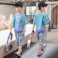 贝孩趣 儿童装男童夏装套装中大童男孩运动洋气衣服T恤衣服牛仔裤两件套 蓝色