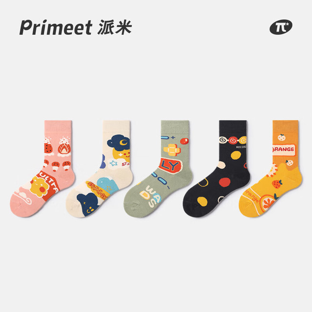 PRIMEET 派米 女中筒袜 可爱图案复古潮原创街头韩版棉长袜 牛皮纸袋收纳袋