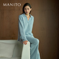 MANITO/曼尼陀Purity女士Polo领山羊绒桑蚕丝针织上衣长裤家居服 婴儿蓝-长裤 M