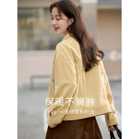 茵曼 2025秋冬女装纯色翻领口袋单排扣百搭短外套上衣 杏果黄 M