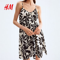 H&M 女装连衣裙2025夏季无袖度假风缩褶印花吊带连身裙