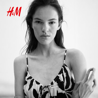 H&M女装连衣裙2025夏季新款无袖度假风缩褶印花吊带连身裙1289752   160/88