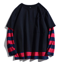 华夫格卫衣男秋冬美式宽松百搭圆领长袖套头打底衫四条杠BF外套潮 132黑色 2XL