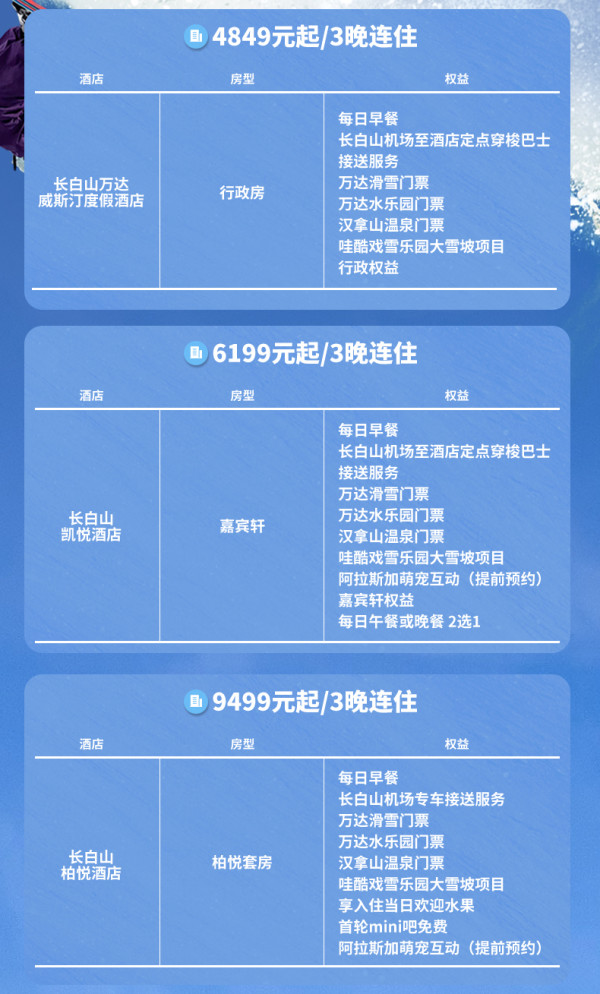 【双11】长白山万达7店3晚连住含早+雪季权益+特色权益品