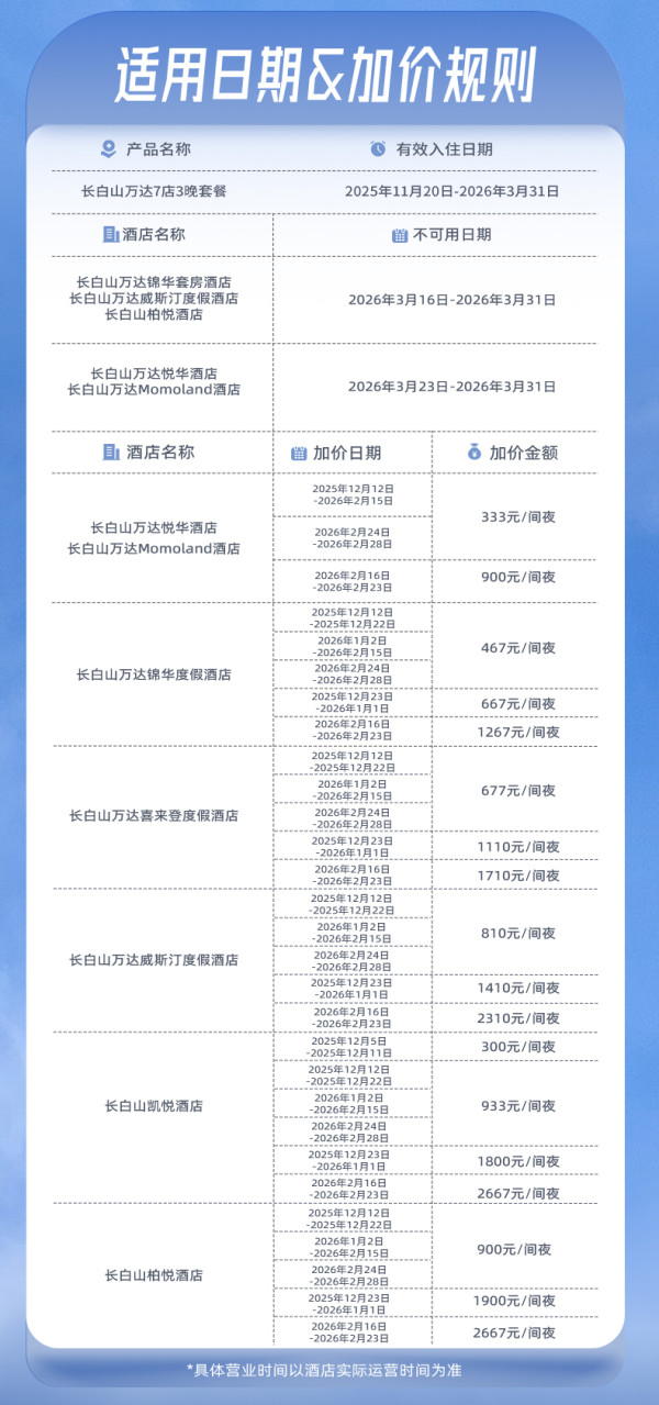 【双11】长白山万达7店3晚连住含早+雪季权益+特色权益品