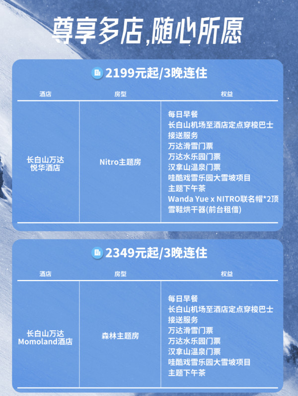 【双11】长白山万达7店3晚连住含早+雪季权益+特色权益品