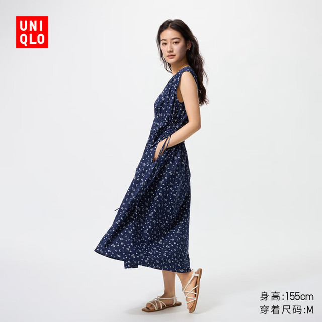 优衣库 女装棉质印花打褶连衣裙 480629 69 藏青色 M /160/84A