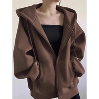 LDBE 灰色慵懒风开衫卫衣女春秋薄款大码港味chic美式复古拉链连帽外套 深棕色 XL（110-125）