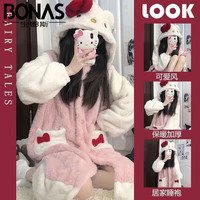 宝娜斯睡衣软绵珊瑚绒保暖睡衣女秋季加厚暖暖绒家居服上衣睡袍 猫咪睡袍 均码 【适合80-155】