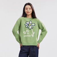 美特斯邦威套头毛衣女款秋冬装穿搭休闲前胸提花毛衫宽松圆领上衣 森林绿 160/M