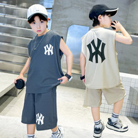 木木屋男童套装夏季2025中大儿童夏装衣服时尚洋气男孩酷帅潮两件套 2410男童无袖套装-黑色 120 适合110-120cm年龄6-7岁